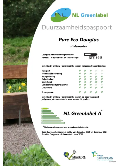 Duurzaamheidspaspoort van NL Greenlaben over Pure Eco Douglas zitelementen