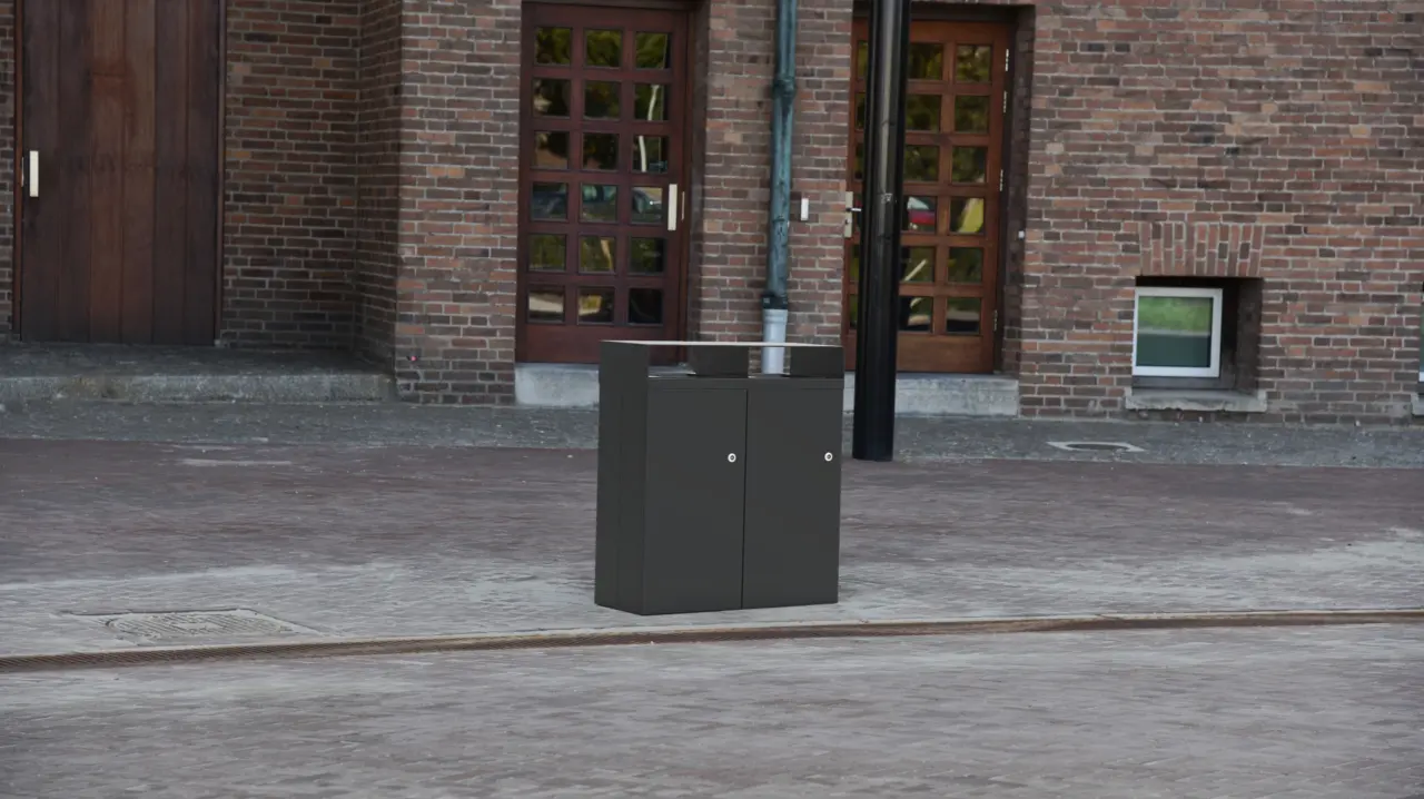 Abfalbehälter Quadrat Duo Gecoat render2 für den kommunalen Außenbereich Grijsen Stadtmobiliar