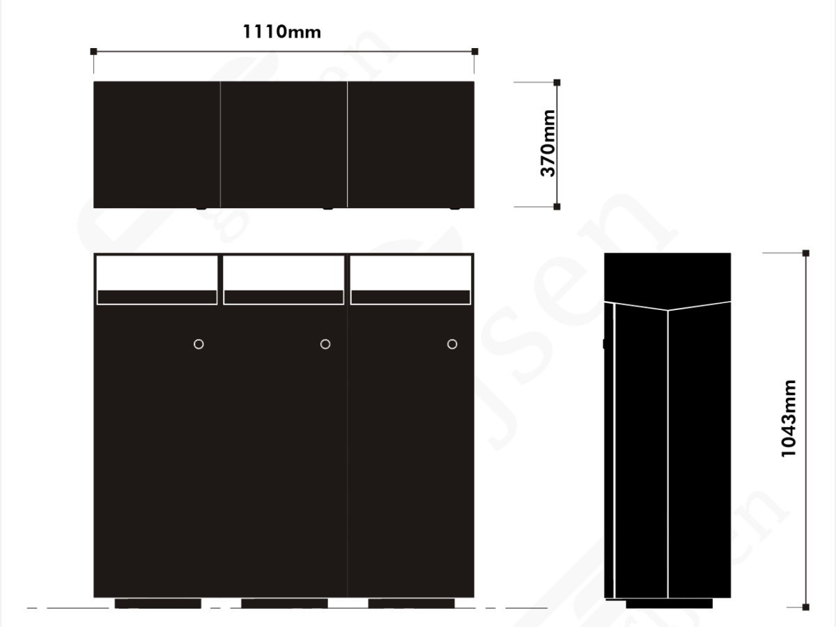 Afvalbak Quadrat 72 gekoppeld trio maattekening