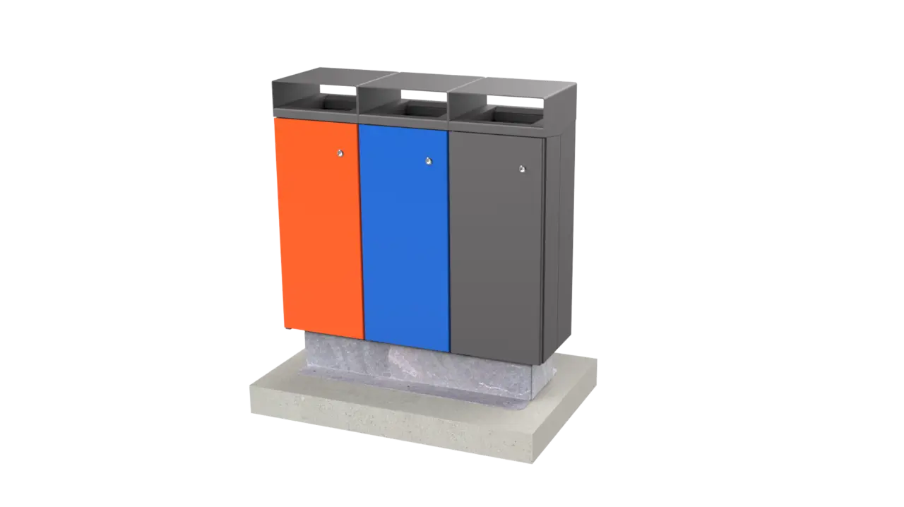 Afvalbak Quadrat 72 gekoppeld trio op betonpaat en adapter