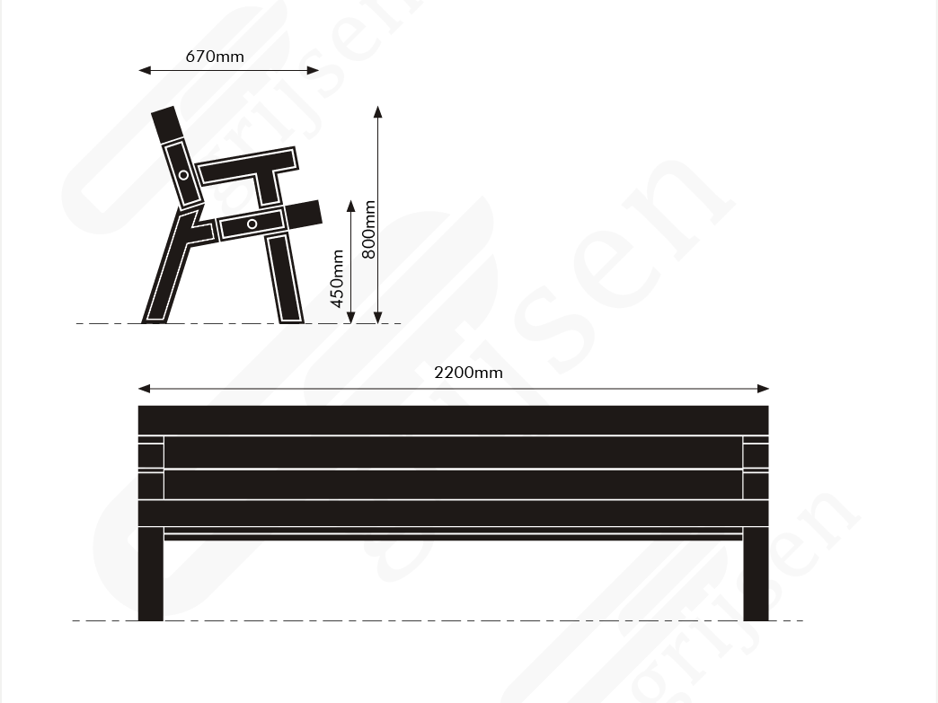 Buitenbank Big Bench 1800 maattekening