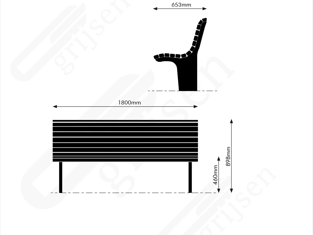 Buitenbank Notaris enkelzits met rugleuning maattekening