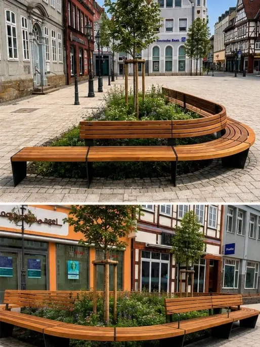 Parkbänke Celle Markt begrünt KI generiert Grijsen Stadtmobiliar